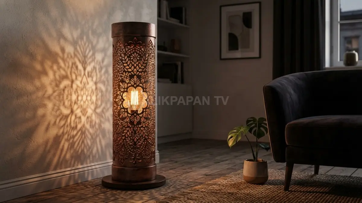 Pancaran cahaya dari standing lamp ukir menciptakan pendaran pola bermotif hangat yang sangat menenangkan. (BTV/Ai)