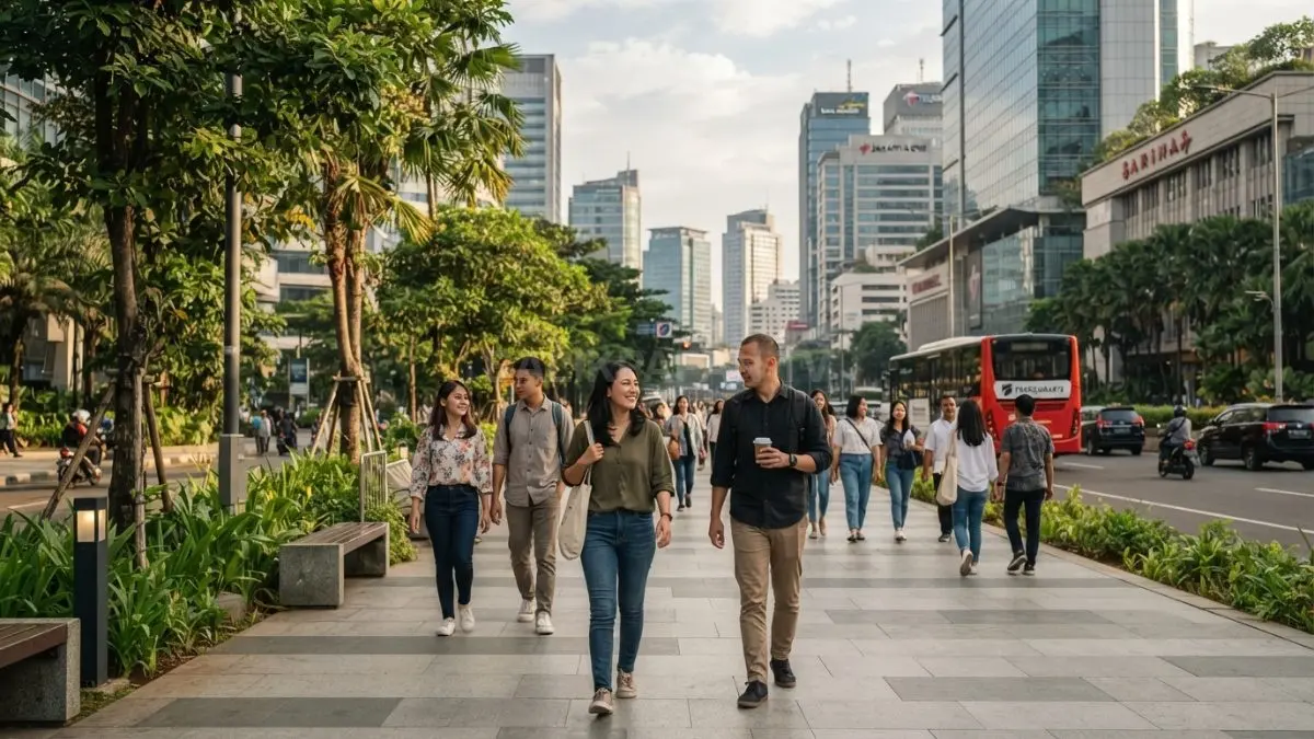 Pejalan kaki menikmati kawasan perkotaan dengan ritme arsitektur yang tertata, pepohonan rindang, dan ruang publik nyaman. (BTV/AI)