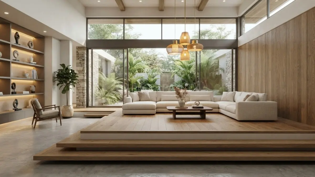 Penampakan interior ruang keluarga modern dengan panggung kayu split level dan pencahayaan lampu gantung hangat. (BTV/Ai)