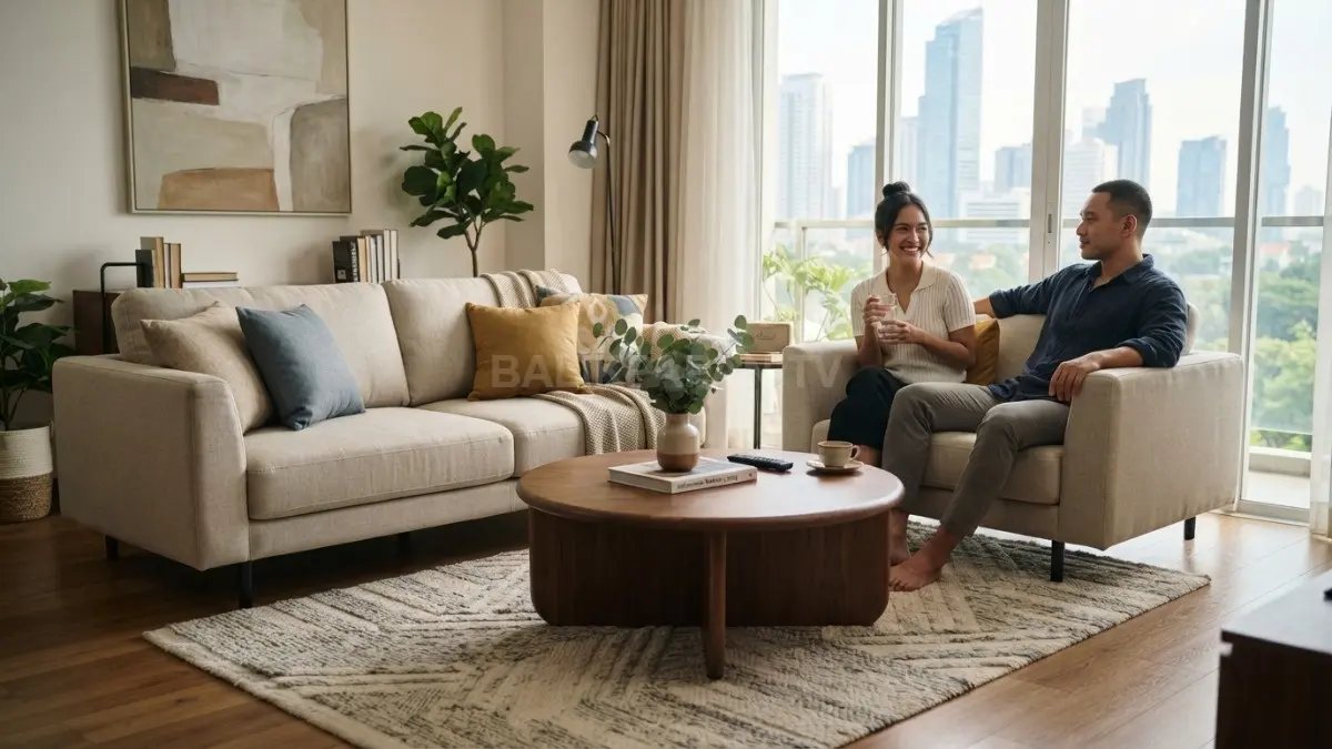 Penataan meja kopi, karpet, dan sofa yang proporsional menciptakan keseimbangan visual pada ruang keluarga. (BTV/AI)