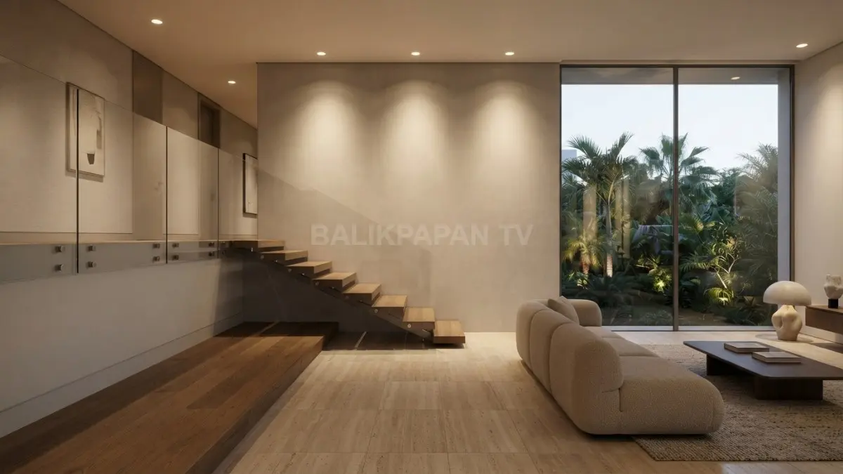 Pencahayaan wall washing pada dinding transisi memberi penanda visual perpindahan fungsi ruang yang lembut. (BTV/Ai)