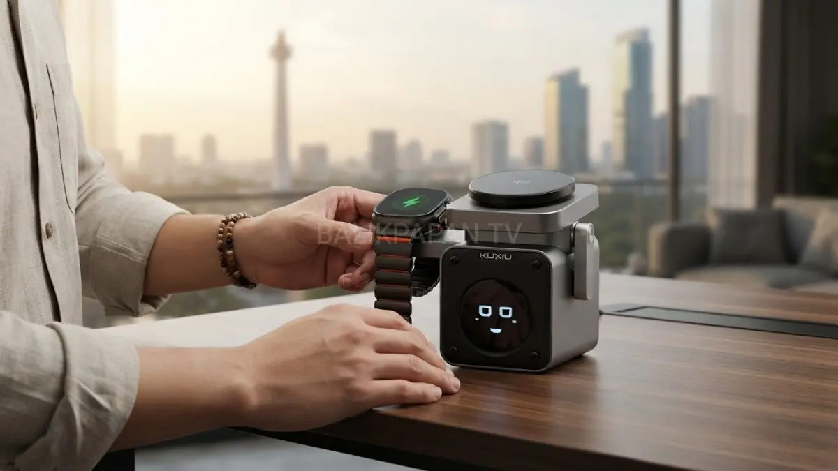 Pengguna mengoperasikan layar TFT dan modul Apple Watch pada charging station KUXIU D5. (BTV/AI) 