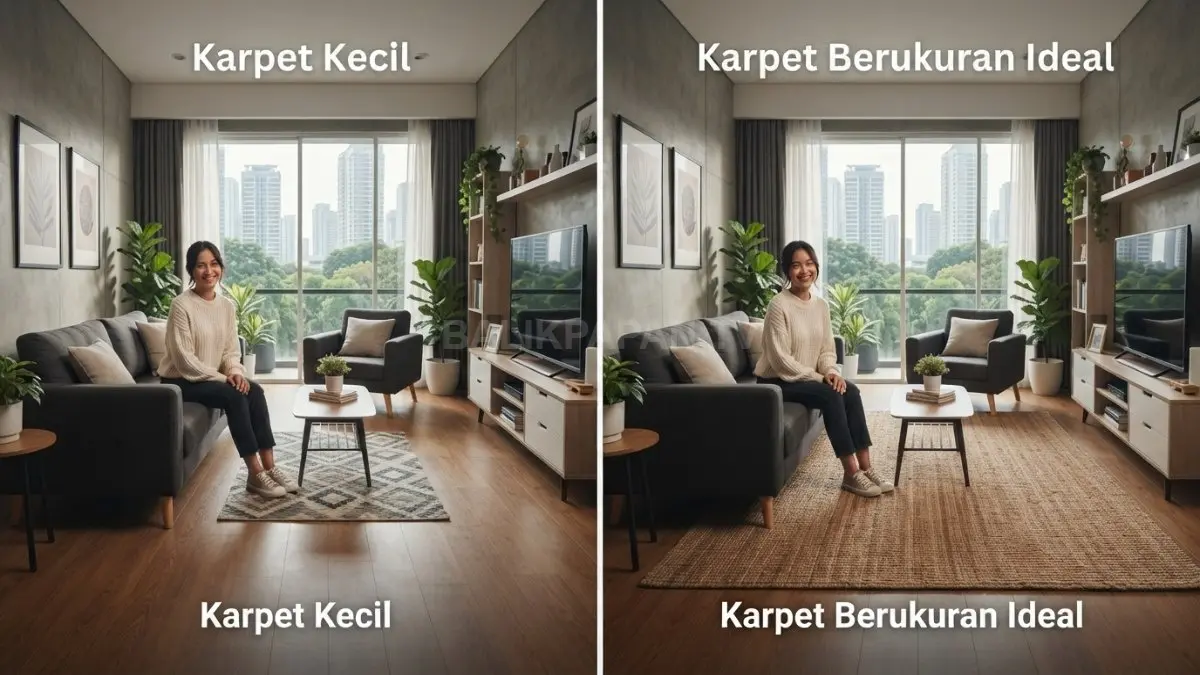 Perbandingan ruang tamu menggunakan karpet kecil dan karpet berukuran ideal. (BTV/AI)