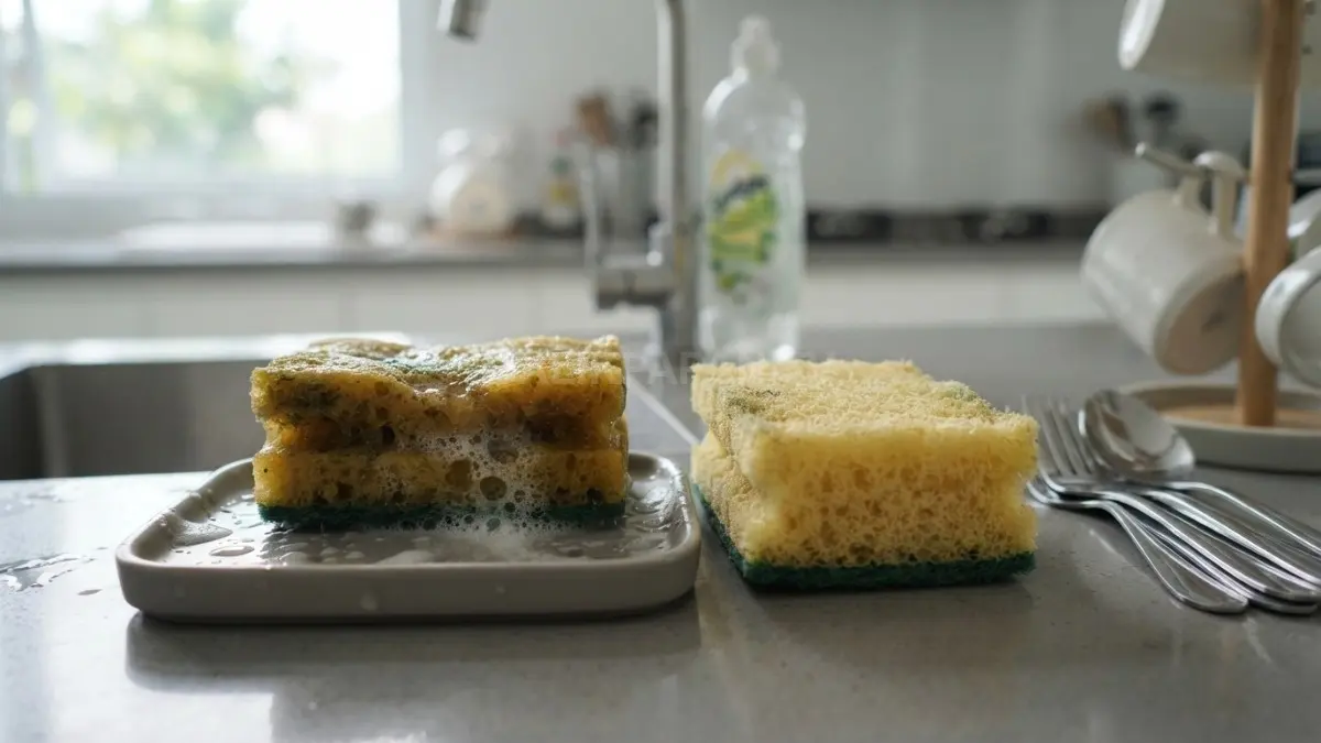 Perbandingan spons yang lembap dengan spons yang sudah dikeringkan setelah digunakan untuk mencuci peralatan dapur. (BTV/AI)