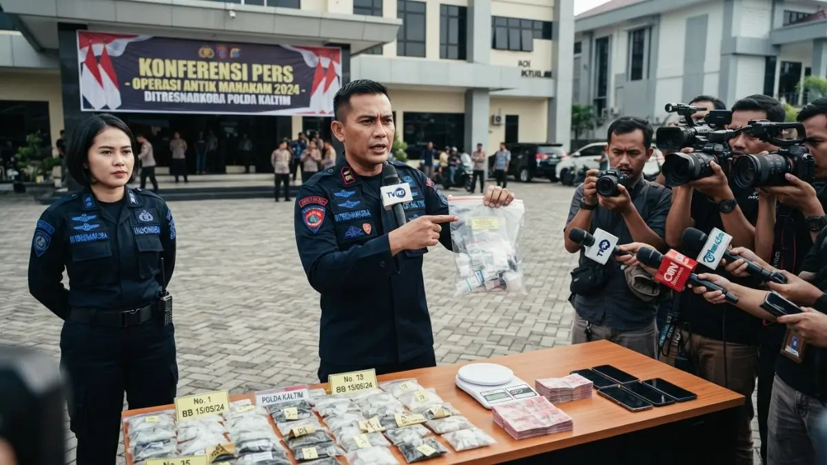 Petugas Ditresnarkoba Polda Kaltim menunjukkan barang bukti narkotika hasil Operasi Antik Mahakam di Balikpapan. (BTV/AI)