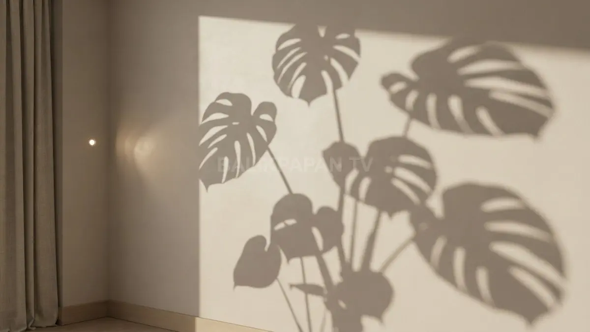 Proyeksi bayangan daun Monstera yang dramatis pada dinding kamar bernuansa hangat dari sorotan lampu mini. (BTV/Ai)