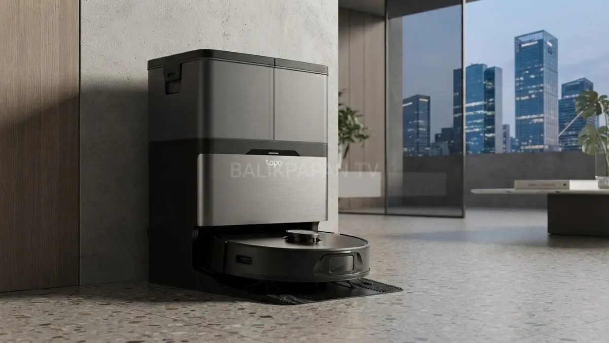 Robot vacuum Tapo RV50 Pro Omni dengan Omni Dock pintar saat membersihkan lantai rumah modern. (BTV/AI) 