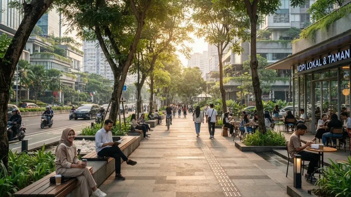rotoar lebar, pepohonan, dan ruang duduk menjadi elemen penting dalam desain kota berorientasi manusia. (BTV/AI)
