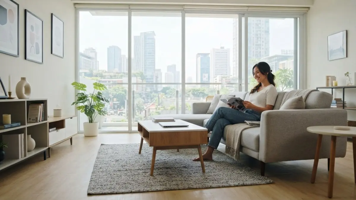 Ruang tamu dengan meja berkaki ramping dan pencahayaan alami memberikan ilusi ruang yang lega. (BTV/AI)
