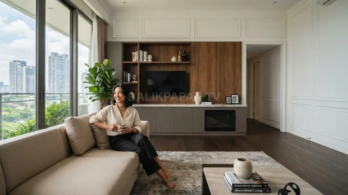 Ruang tamu minimalis dengan wall moulding, panel kayu, dan kabinet built-in yang menghadirkan kesan rumah custom built. (BTV/AI)