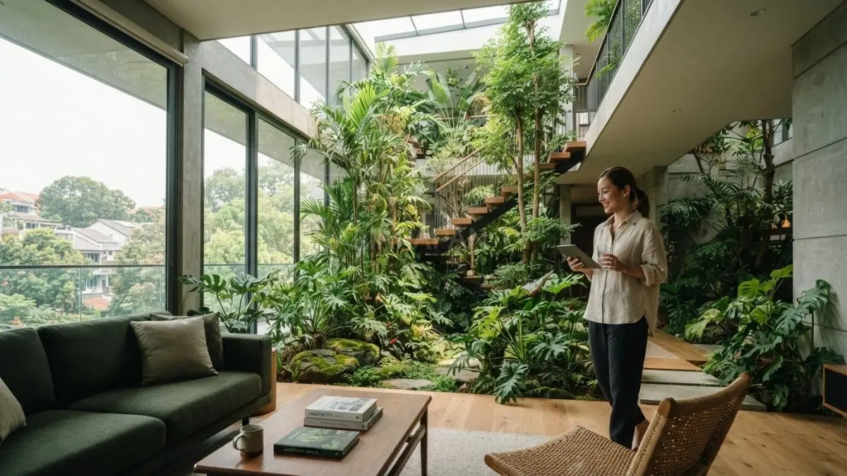 Rumah modern menghadirkan hutan mini menciptakan suasana hijau sejuk nyaman alami sepanjang waktu keluarga harmonis [BTV:AI]