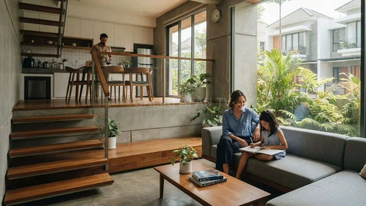 Rumah split-level modern dengan ruang keluarga berbeda elevasi yang memanfaatkan lahan kecil secara efisien. (BTV/AI)