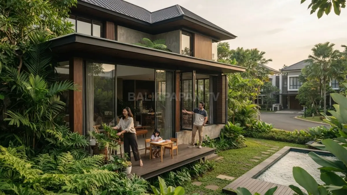 Rumah tropis modern dengan orientasi bangunan mengikuti arah angin, dilengkapi bukaan besar dan ventilasi silang untuk meningkatkan kenyamanan alami. (BTV/AI)