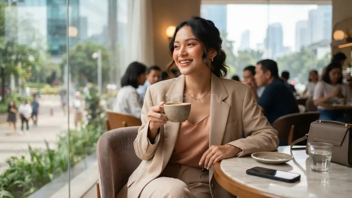 Seorang perempuan memadukan makeup bernuansa peach dengan outfit beige untuk menciptakan tampilan harmonis dan elegan. (BTV/AI)