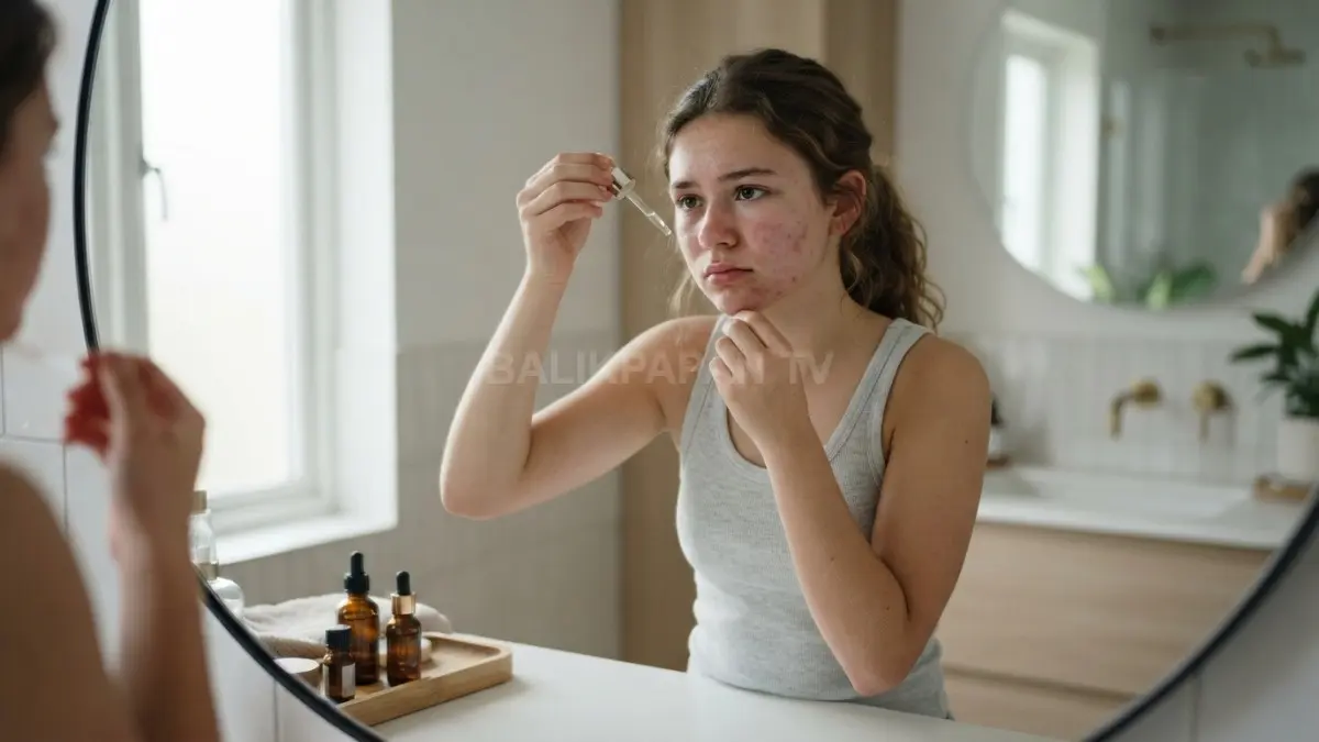 Seorang remaja sedang mengaplikasikan serum wajah di depan cermin dengan ekspresi ragu. (BTV/Ai)