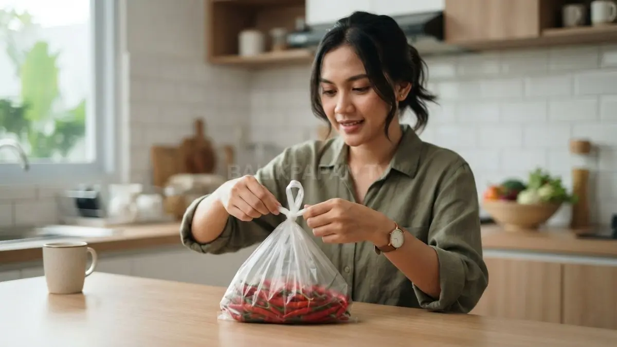 Seseorang memperagakan teknik mengikat kantong plastik dengan cara terbalik agar simpul mudah dibuka kembali. (BTV/AI)