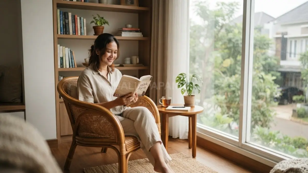 Sudut baca nyaman tanpa gawai menghadirkan ketenangan, meningkatkan fokus, relaksasi, serta kualitas kebersamaan keluarga modern setiap hari (BTV/AI)
