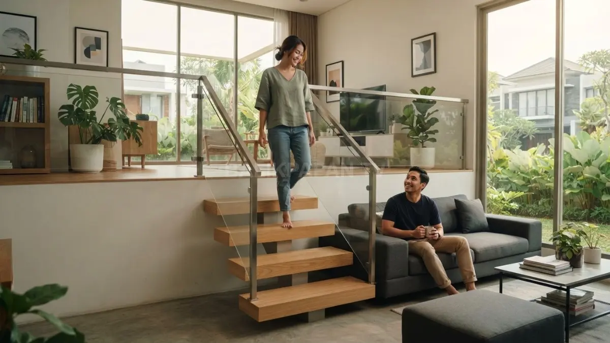 Tangga pendek menghubungkan ruang tamu dan ruang keluarga pada rumah split-level bergaya minimalis. (BTV/AI)