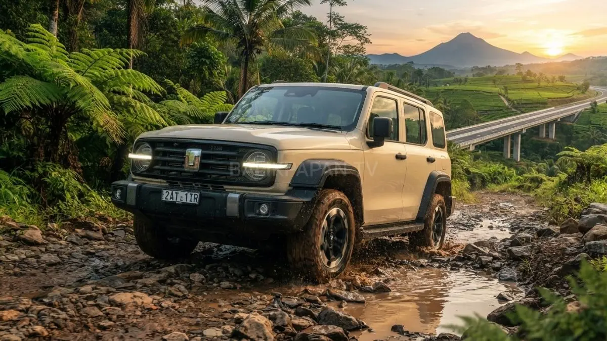 Tank 300 PHEV melintasi jalur off-road dengan tampilan gagah dan teknologi hybrid modern.(BTV/AI) 