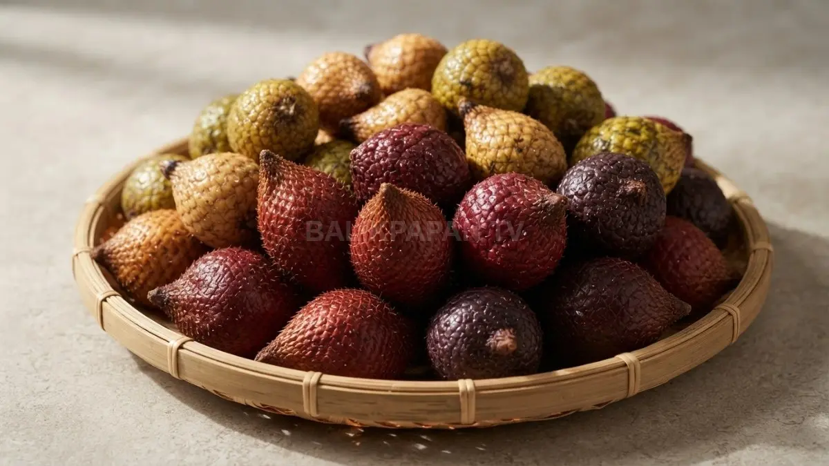 Tumpukan buah asam maram segar berduri mirip salak kecil di wadah bambu. (BTV/Ai)