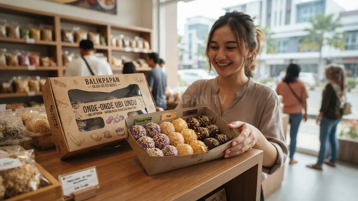 Aneka onde-onde ubi ungu isi kacang hijau, keju, dan cokelat dalam kemasan oleh-oleh Balikpapan. (BTV/AI)