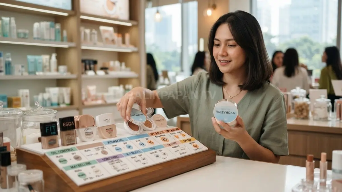 Berbagai cushion dengan label oil control, hydrating, dan SPF tersusun sebagai panduan memilih produk sesuai kebutuhan. (BTV/AI)
