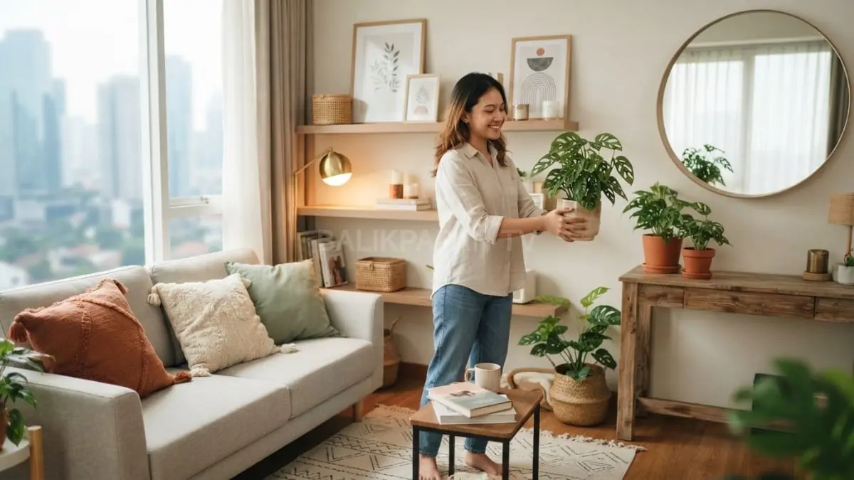 Dekorasi hemat memadukan tanaman, cermin, dan furnitur sederhana menciptakan apartemen mungil terasa luas, nyaman, estetik alami. [BTV:AI]