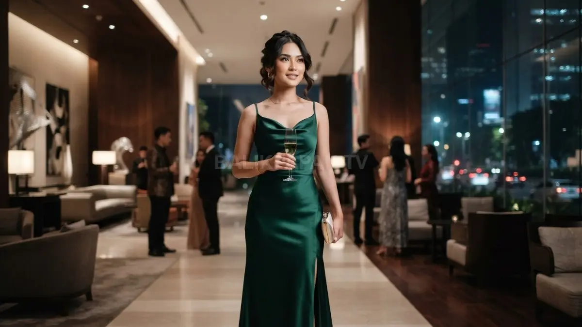 Dress luxury bernuansa jewel tone memadukan theory colors untuk tampilan formal elegan dan berkelas maksimal (BTV/AI)
