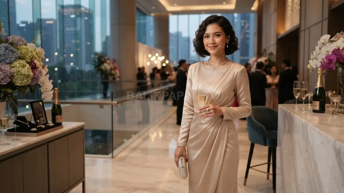 Dress luxury bernuansa netral menghadirkan kesan elegan, berkelas, dan harmonis untuk acara formal istimewa (BTV/AI)
