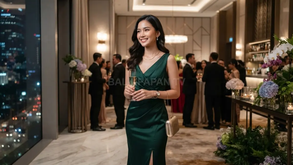 Dress luxury berpadu teori warna menciptakan penampilan formal elegan, harmonis, dan berkelas untuk berbagai acara (BTV/AI)
