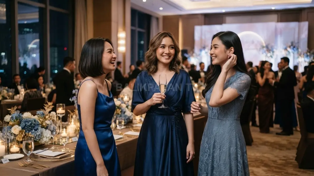 Dress luxury dengan theory colors analogous menghadirkan tampilan anggun, harmonis, dan elegan untuk acara formal berkelas (BTV/AI)
