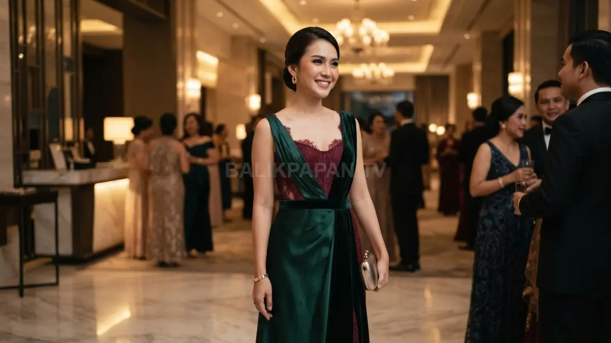 Dress luxury memadukan complementary colors menghadirkan penampilan formal elegan, harmonis, berkelas, dan memikat di berbagai acara (BTV/AI)
