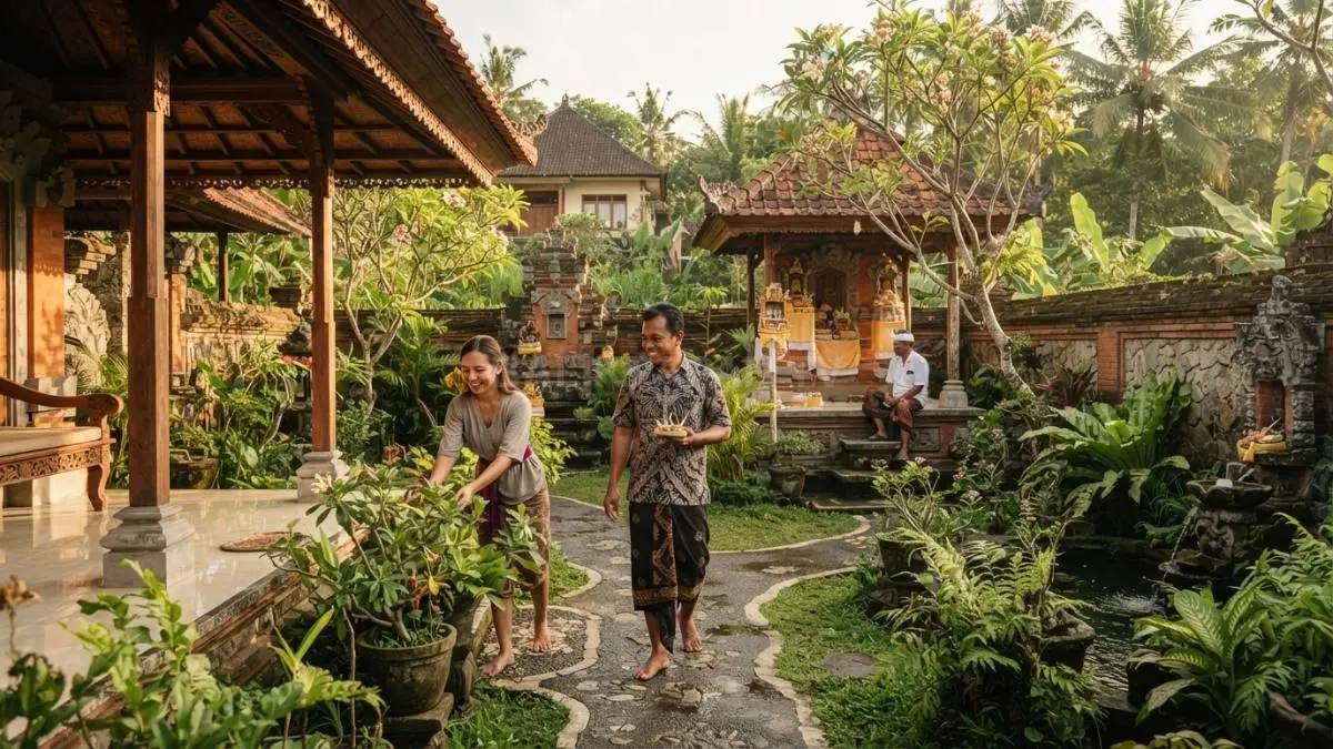 Filosofi Tri Hita Karana menghadirkan keseimbangan ruang, alam, budaya, dan kenyamanan dalam arsitektur Bali berkelanjutan. [BTV:AI]
