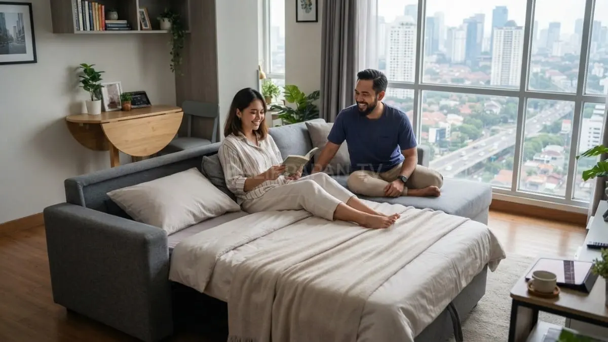 Furnitur multifungsi menghemat ruang dan biaya sekaligus menghadirkan kenyamanan maksimal pada apartemen kecil modern sehari-hari [BTV:AI]