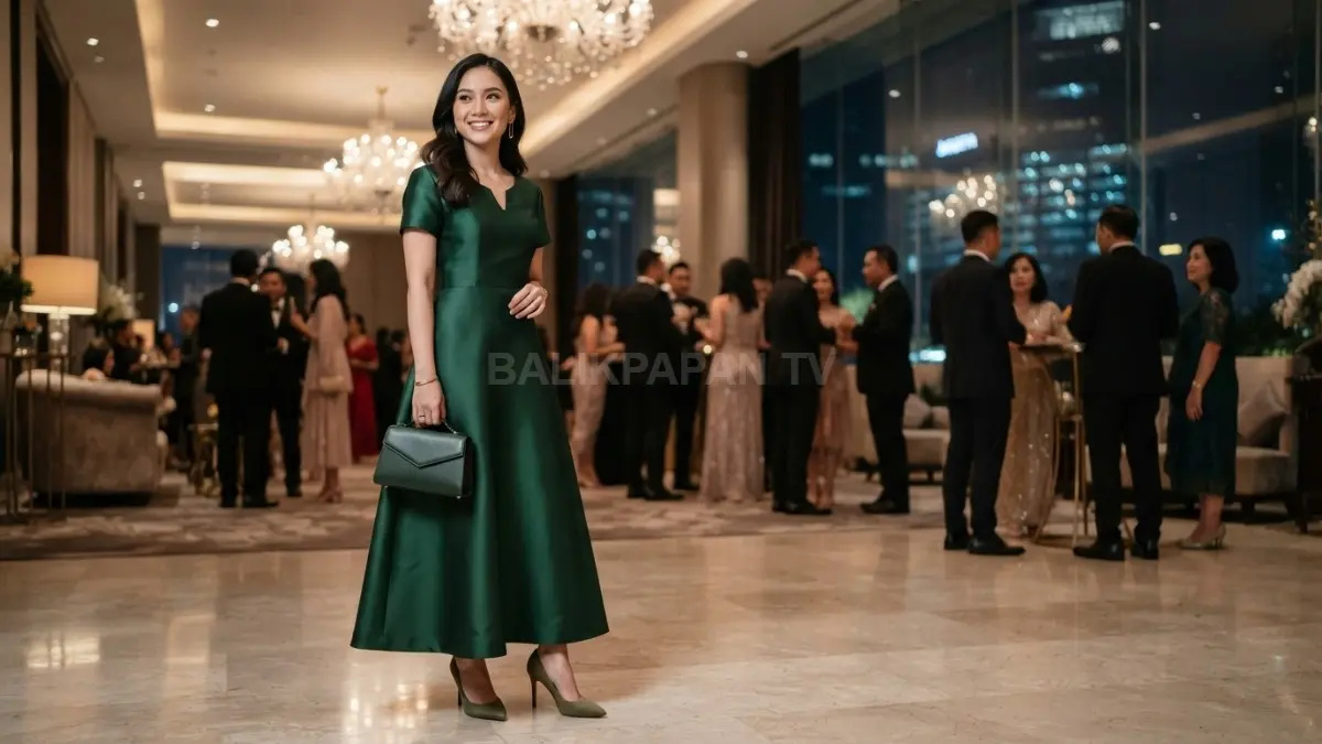 Gaun mewah bernuansa monokrom menciptakan penampilan formal elegan harmonis melalui perpaduan warna seimbang memukau maksimal (BTV/AI)
