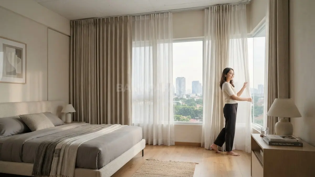 Gorden panjang berwarna netral dipasang mendekati plafon pada kamar minimalis sehingga menciptakan ilusi ruangan tampak tinggi. (BTV/AI)