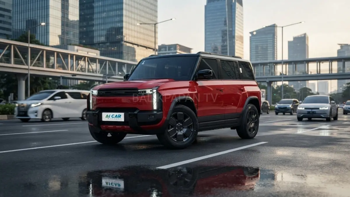 iCar 03T SUV listrik dengan desain kotak retro modern dan lampu LED futuristis di jalan perkotaan.(BTV/AI) 