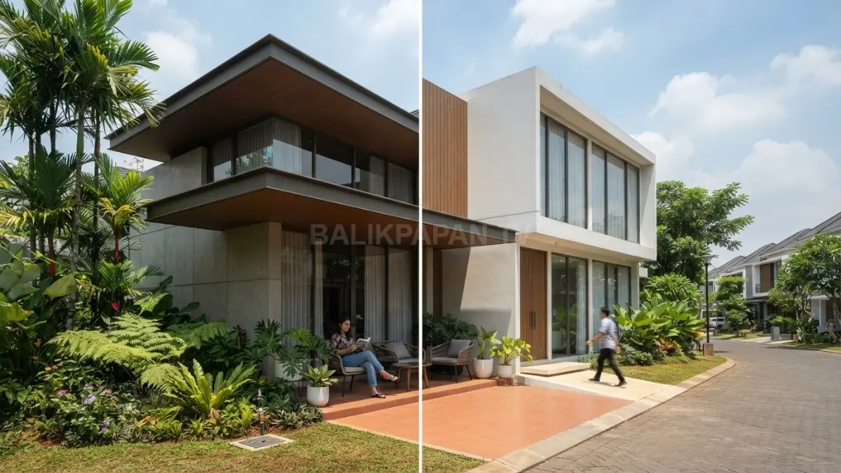 Ilustrasi perbandingan rumah dengan dan tanpa overhang atap untuk menunjukkan perlindungan terhadap sinar matahari. (BTV/AI)