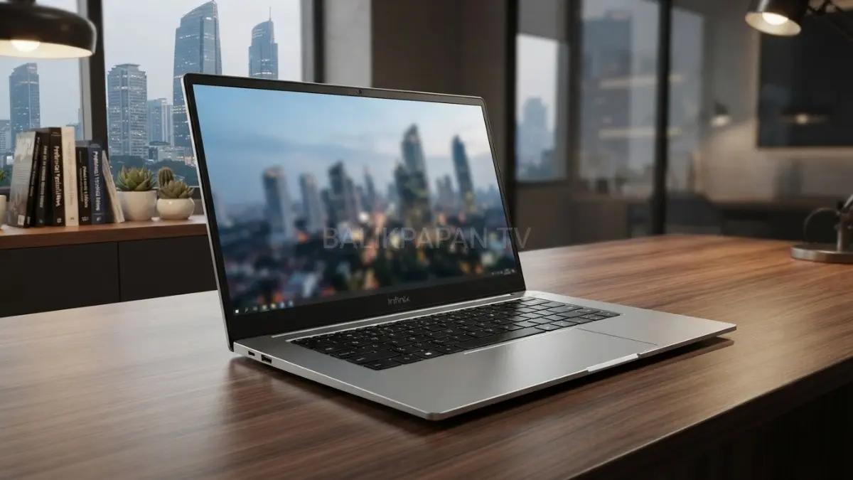 Infinix XBook 15 dengan desain silver modern dan layar Full HD 15,6 inci untuk produktivitas harian. (BTV/AI) 