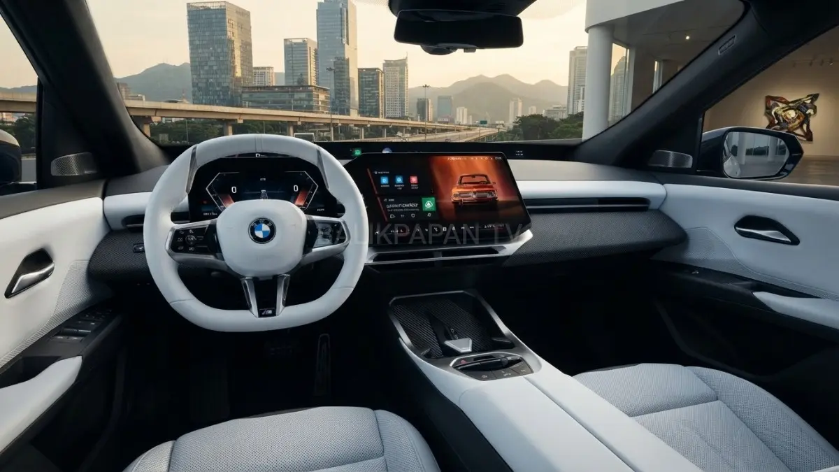 Interior BMW iX3 dengan Panoramic iDrive Display dan kabin berteknologi modern. (BTV/AI) 