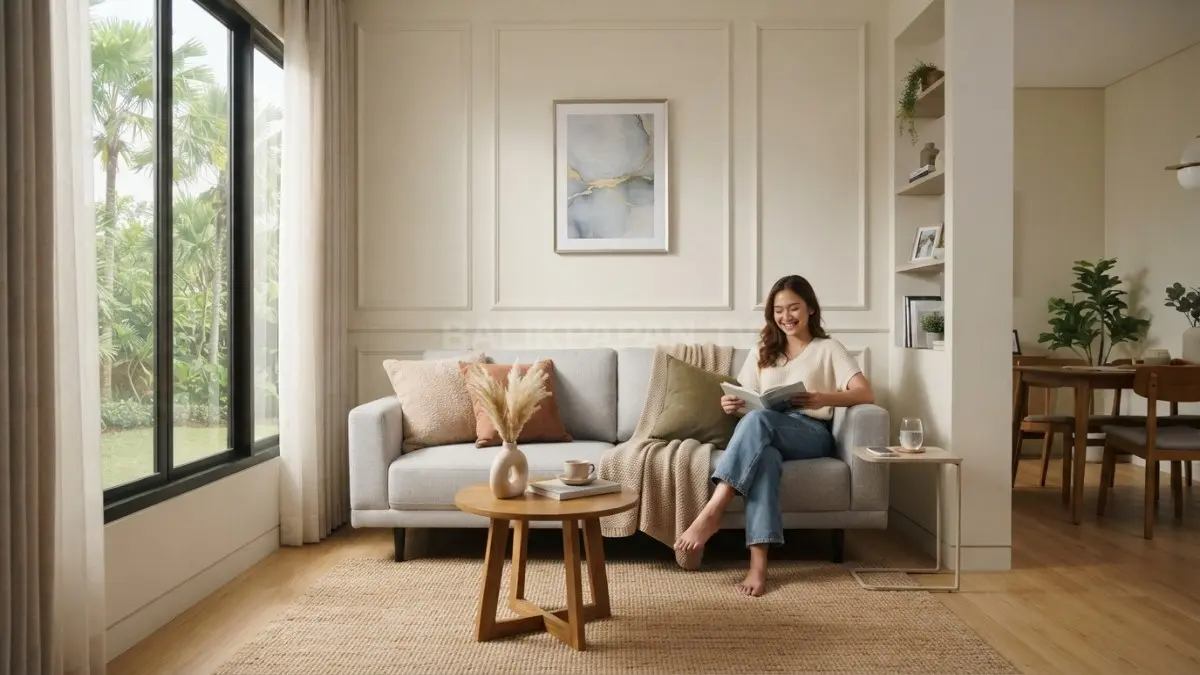 Interior rumah minimalis dengan wall moulding sederhana berwarna senada yang membuat ruang tamu kecil terlihat elegan dan lebih lapang. (BTV/AI)