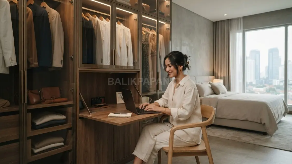 Kamar minimalis quiet luxury memadukan wardrobe organizer, meja kerja tersembunyi, dan penyimpanan fungsional yang elegan (BTV/AI)
