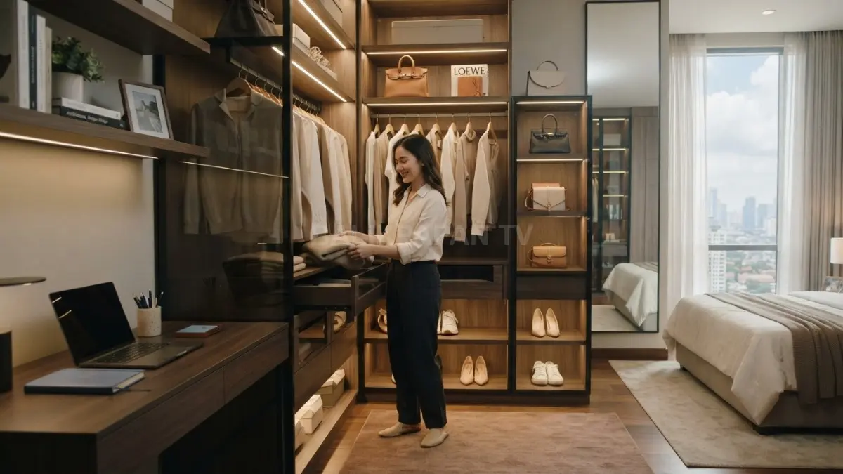 Kamar minimalis quiet luxury memadukan wardrobe organizer, penyimpanan fungsional, material elegan, dan kenyamanan harian maksimal (BTV/AI)
