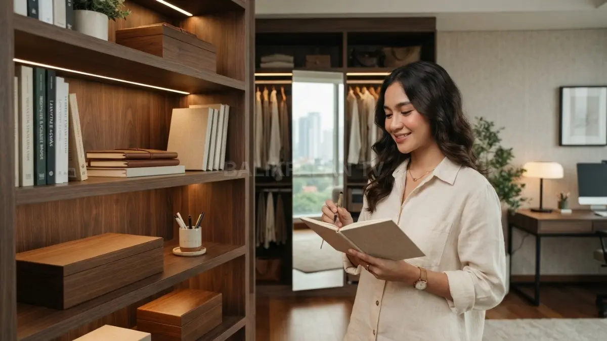 Kamar minimalis quiet luxury memadukan wardrobe organizer, rak terbuka, dan penyimpanan fungsional berestetika elegan nyaman (BTV/AI)
