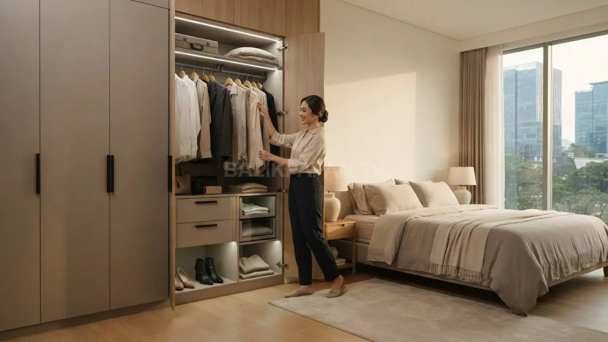 Kamar minimalis quiet luxury memadukan wardrobe organizer, warna netral, material alami, dan penyimpanan fungsional elegan (BTV/AI)
