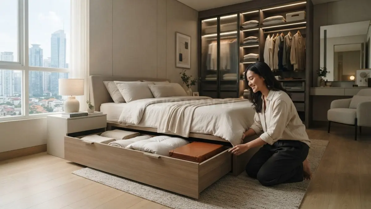 Kamar minimalis quiet luxury menghadirkan wardrobe organizer, penyimpanan tersembunyi, dan suasana rapi nyaman berkelas setiap hari (BTV/AI)

