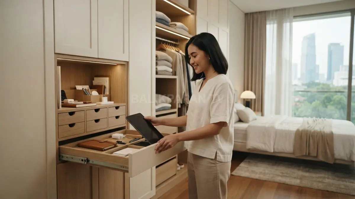 Kamar quiet luxury memadukan wardrobe organizer, penyimpanan fungsional, dan nuansa minimalis yang rapi serta elegan (BTV/AI)

