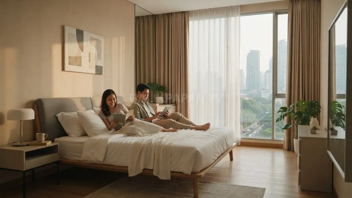 Kamar tidur modern dengan kombinasi gorden sheer dan blackout berwarna senada dinding agar ruang terasa lega. (BTV/AI)