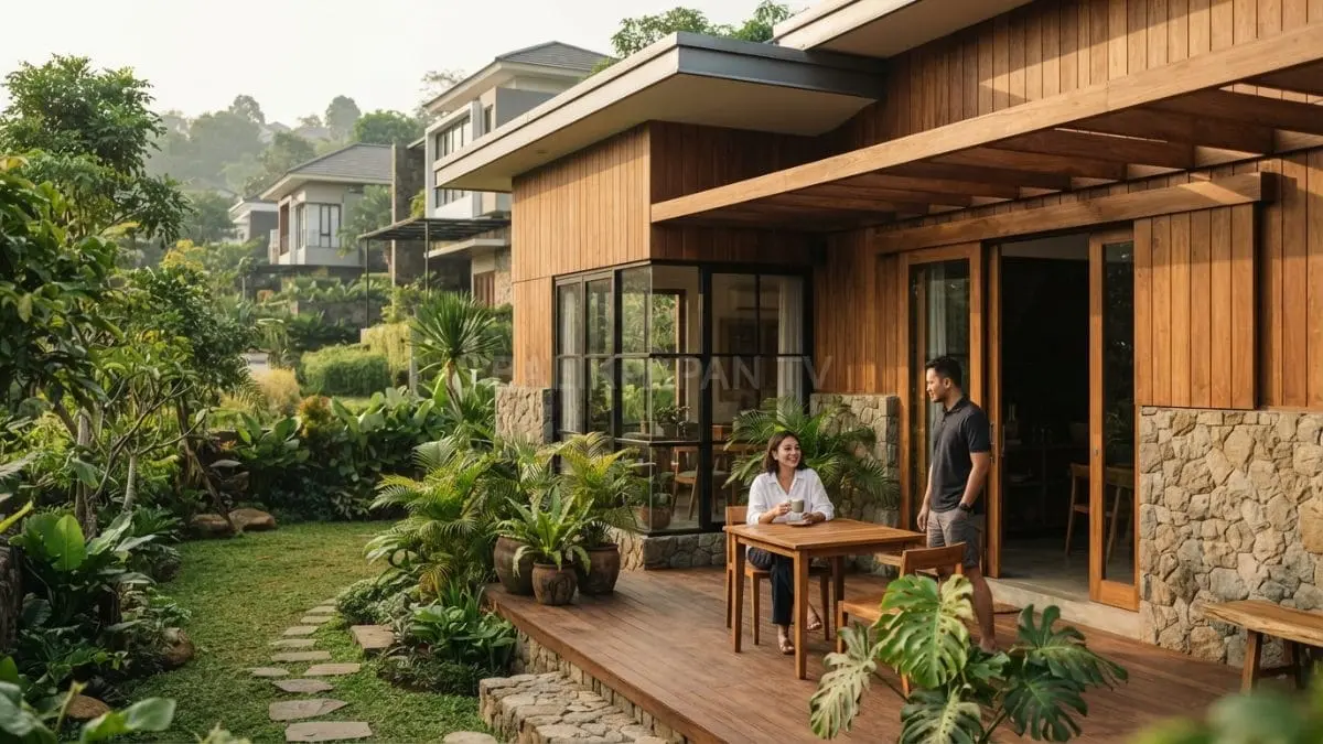 Material alami kayu dan batu memperkuat karakter rumah pedesaan Belanda yang hangat tahan lama alami [BTV:AI]