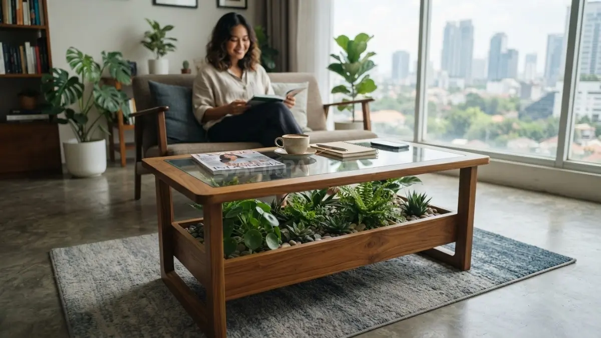Meja ruang keluarga dengan desain kaki meja berisi tanaman hijau kecil yang menyatu dengan furnitur.